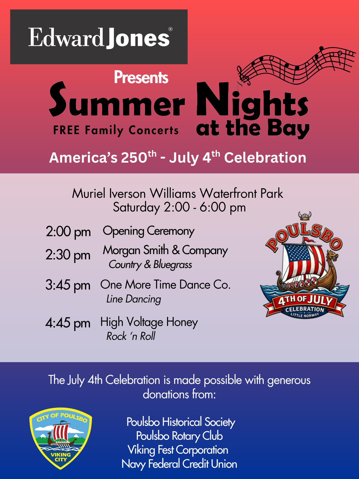 Edward Jones presents Summer Nights at the Bay- America's 250th- July 4th Celebration. 